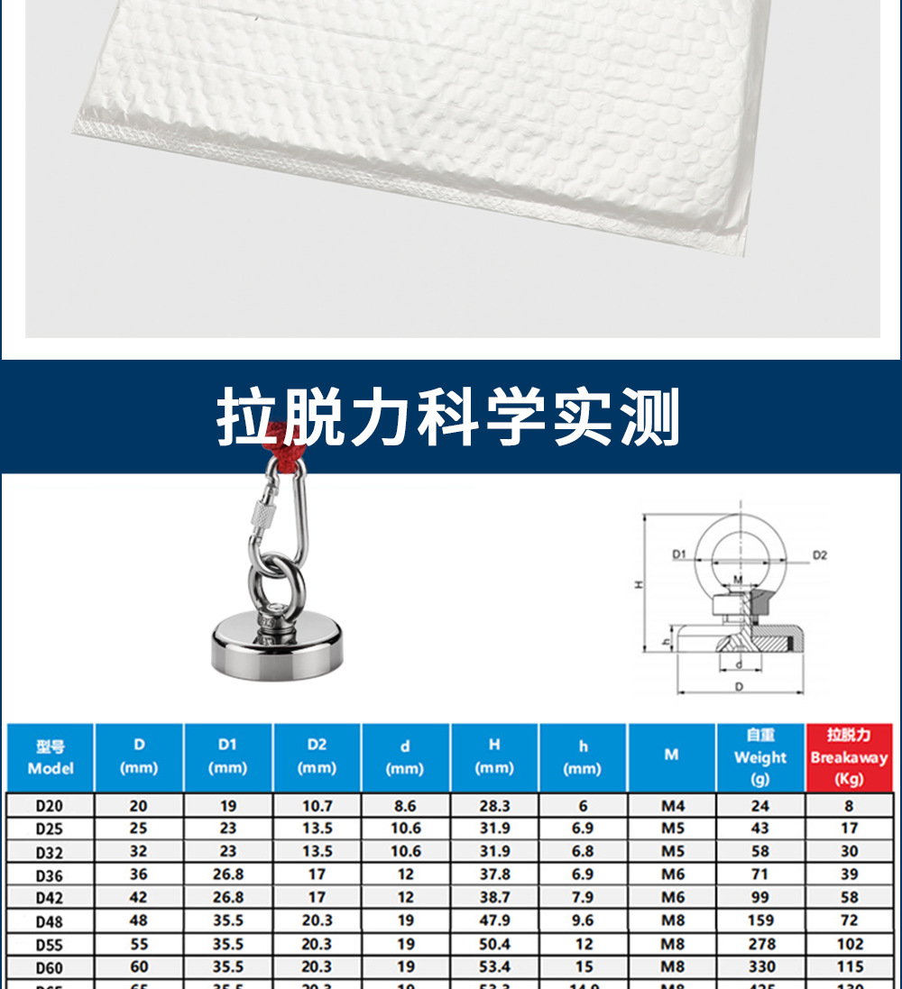 现货强力打捞磁铁 钕铁硼吸盘 吊环磁钢 吸铁石 锅磁 圆形磁铁详情9