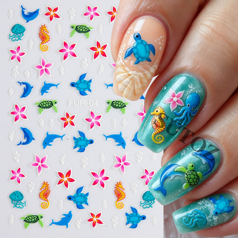 Summer Ocean-Themed Waterproof Nail Stickers with Dolphin, Sea Turtle, and Seahorse Elements, Versatile and Fresh for Girls' Nails