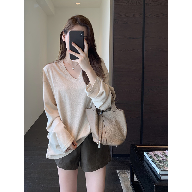 慵懒随性！客供麻感面料宽松显瘦内搭打底衫女长袖T恤秋2025新款