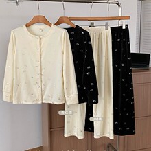 秋冬海岛绒家居服套装圆领开衫两件套甜美女士睡衣跨境法兰暖绒