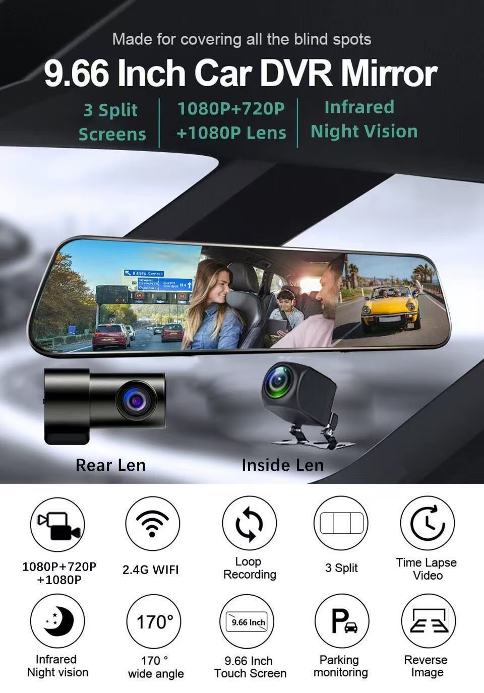 10 inch 3 lens streaming media rearview mirror front and rear lens car lens video HD night vision driving recorder
