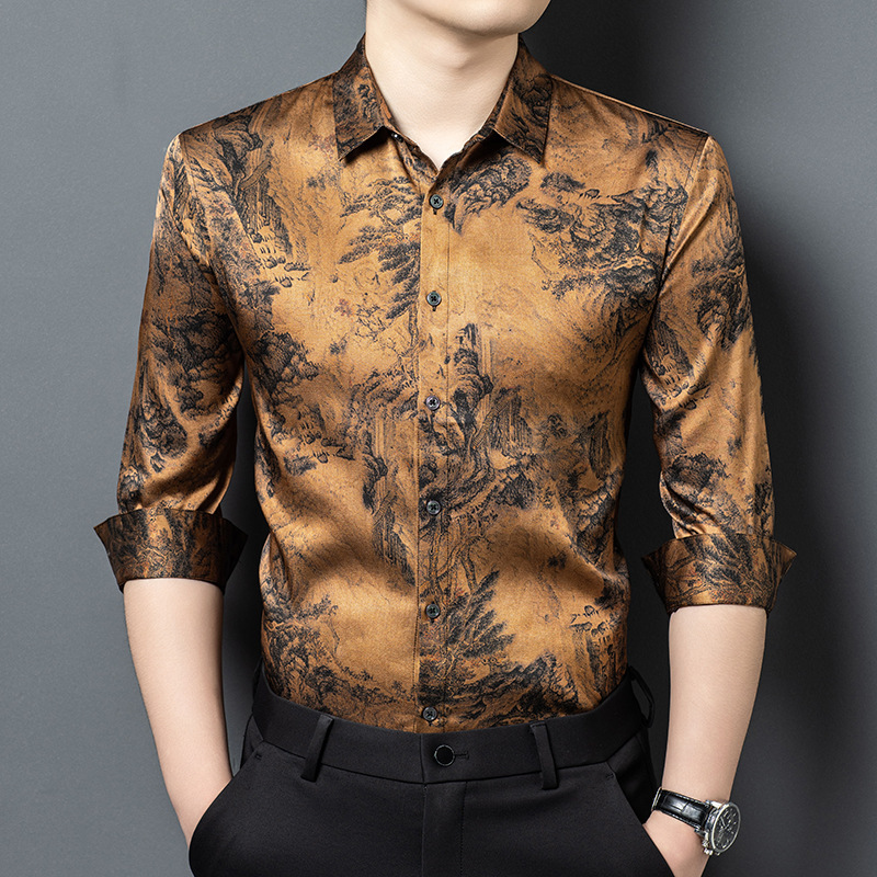 High-End Xiangyun Silk Long-Sleeve Men's Shirt with Landscape Motifs, Chinese Style Men's Clothing, Genuine Silk Satin Shirt for Middle-Aged Men