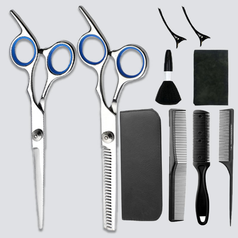 Los fabricantes venden tijeras de corte de pelo de acero inoxidable, corte, corte, corte de dientes planos, juego de adelgazamiento de rango medio, práctico hecho a mano