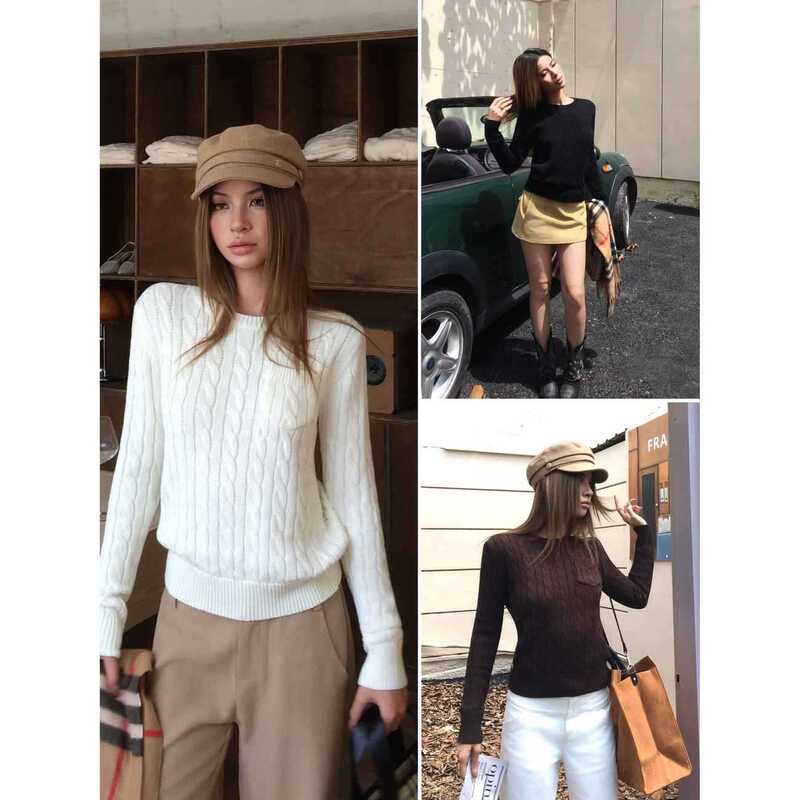 American retro round-neck cable-knit sweater, slim-fit knit top for women, new early autumn style, straight-cut, versatile, elegant long-sleeve top