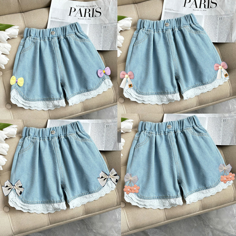2025夏季新款宝宝童装女童牛仔短裤女孩中小童蕾丝薄款牛仔热裤夏