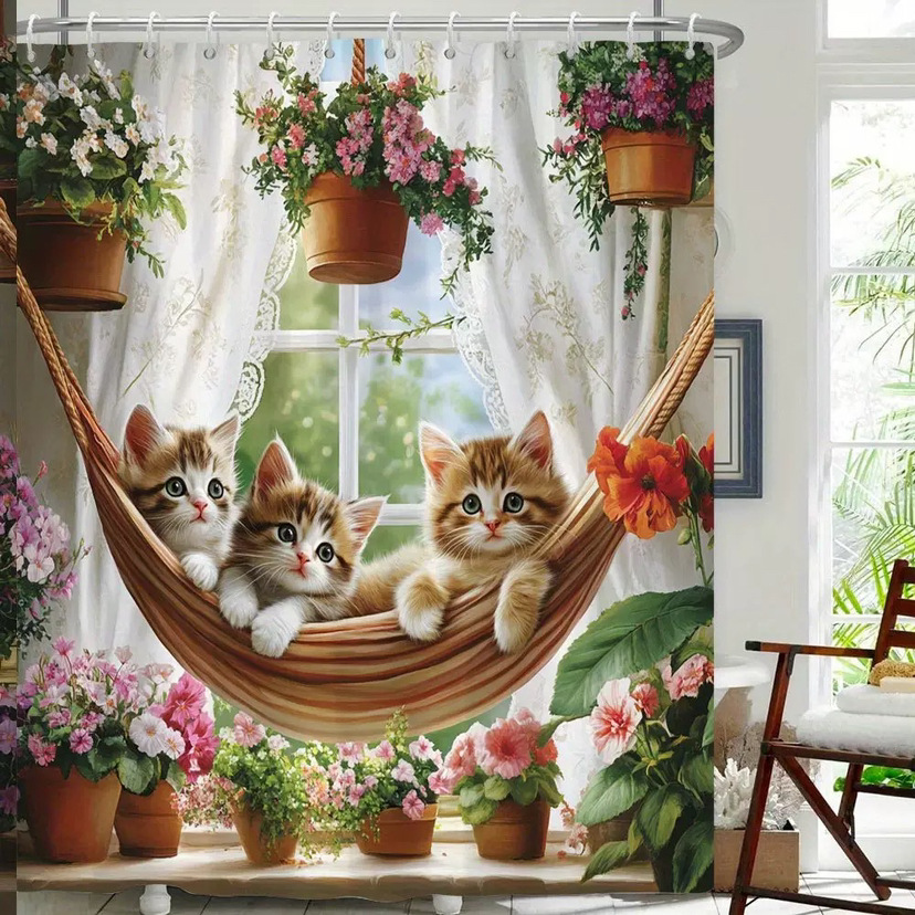 Divertida cortina de baño valiente gato sostiene tridente flecha montar tiburones en las olas ballenas gatos cortina de baño conjunto baño