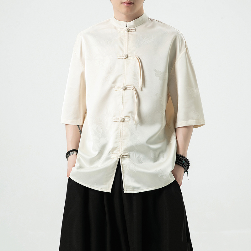 Camisa de seda de hielo de estilo chino para hombre con hebilla de disco de verano, traje Tang, manga corta, cuello alto chino, manga de cinco puntos, Hanfu, traje de estilo delgado