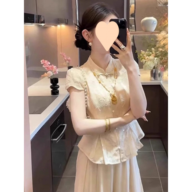 2025初夏穿搭胖新中式国风改良汉服杏色衬衫上衣高腰阔腿裤套装|undefined