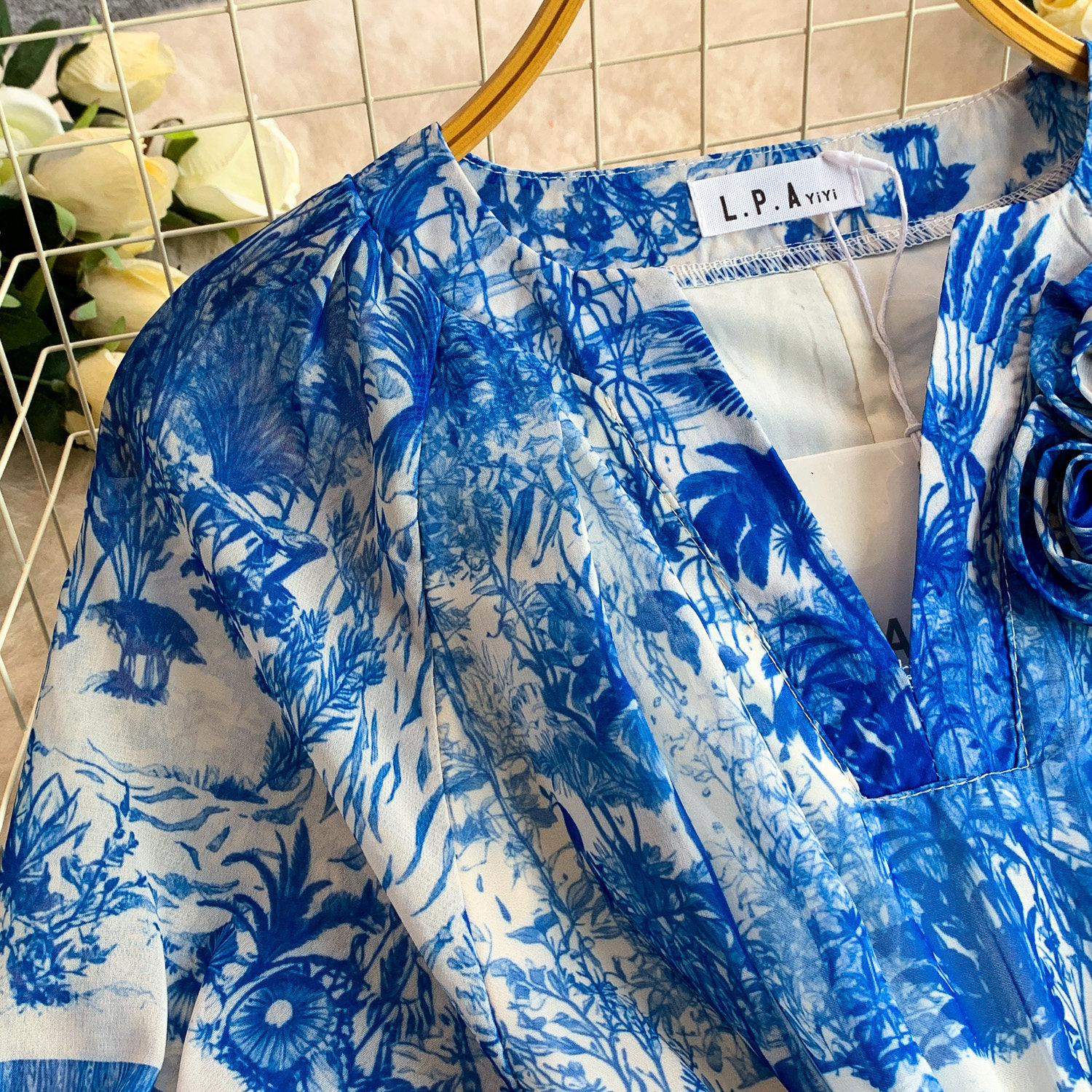 Women's Light French Romantic Style Tie Dye Floral Print Round Neck Dress Three Dimensional Flower Summer Slimming Pleated Long Skirt_ecoleips.com