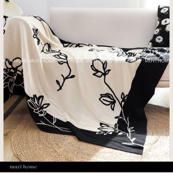 复古白玉兰毛毯纯棉空调毯法式美容床搭巾办公室午睡盖毯黑色沙发