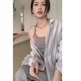 秋装新款中长款宽松大码长袖开衫雪纺衬衫女学生竖条纹衬衣外套潮