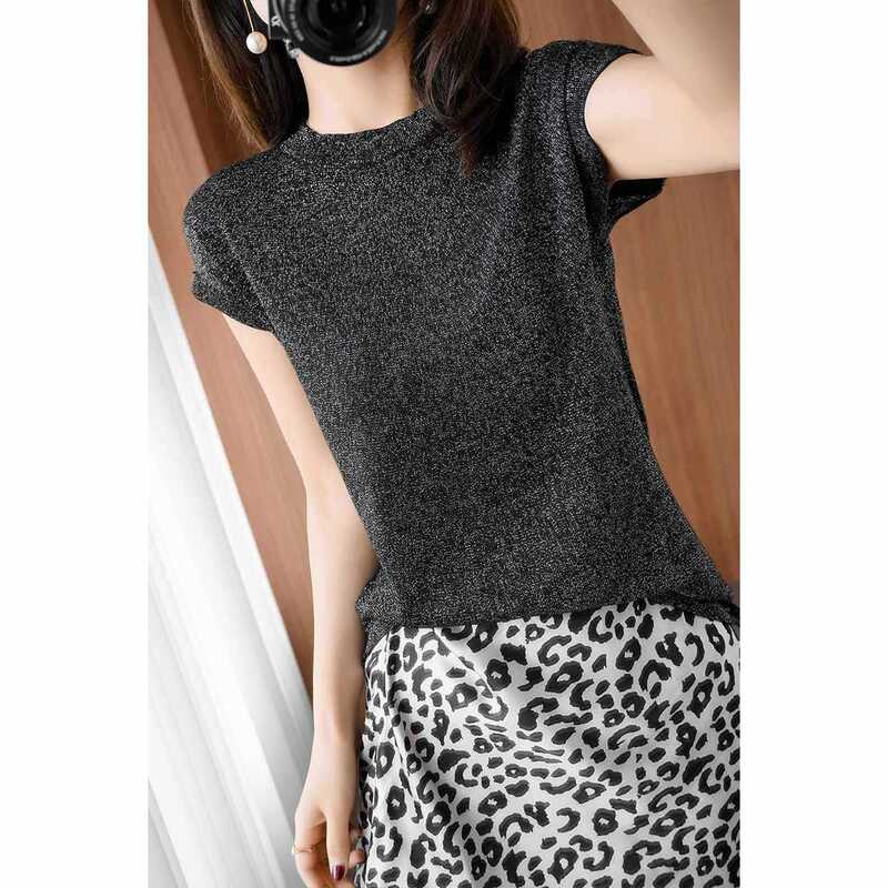 Summer New Style Refreshing Shiny Silk Short-Sleeved Women's Ice Silk Knitted Round Neck Half-Sleeved Casual Top T-Shirt Thin Korean Style