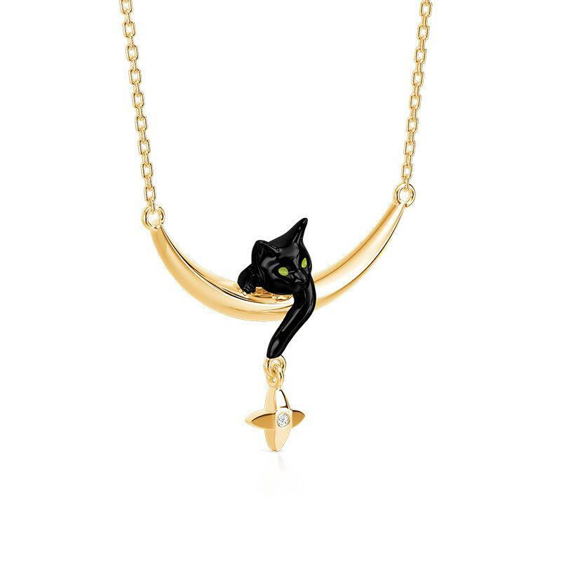 Cross-Border New Niche Black Cat Moon Pendant Necklace European and American Style Retro Women's High-End Jewelry Clavicle Chain