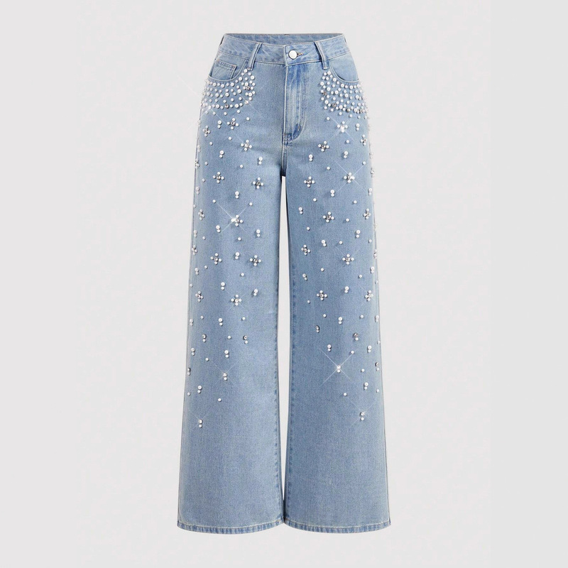 Foreign Trade Jeanswomen European and American Ins Hot-Selling Casual Loose Slim Jeans Women's Beaded Straight Pants