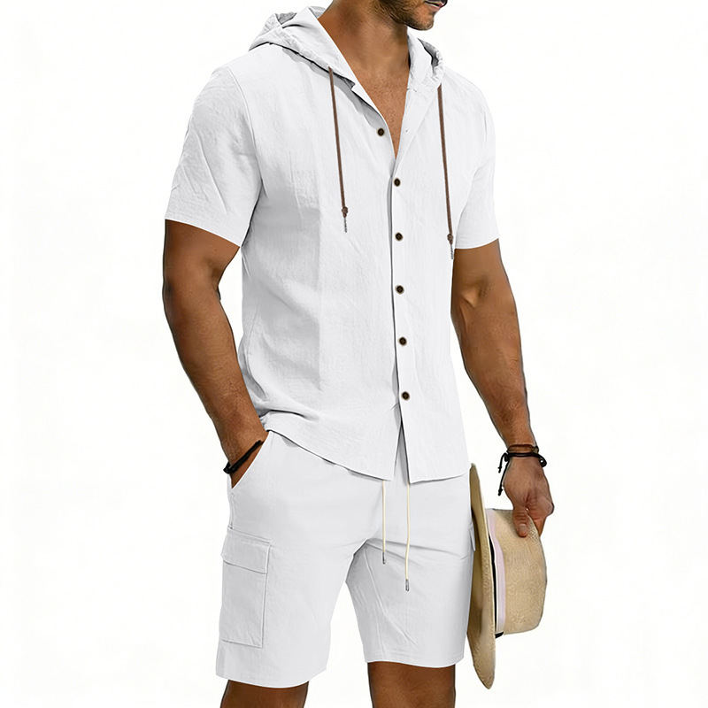 Men's Linen Hooded Short Sleeve Shirt With Workwear Shorts Set, Relaxed Fit Breathable Summer Outfit For Vacation And Casual Style_viptrois.com