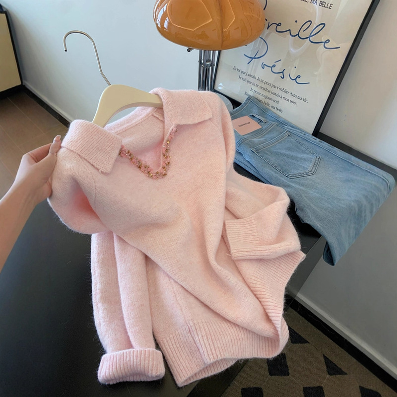 Pink Thickeneded Knitwear for Women in Autumn and Winter, High-End, Can Be Worn Outside and Inside, Loose and Lazy Style Top for Small People