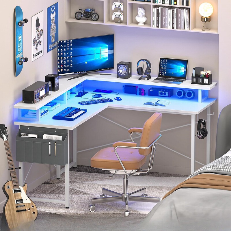 Home Gaming Desk, Study Desk with Bookshelf, Bedroom Study Table, Office Desk and Chair, Gaming Table, Corner Computer Desk, L-Shaped Desktop