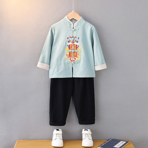  boy Tang suit cotton hemp retro  chinese Hanfu embroidered long sleeve china style Hanfu set