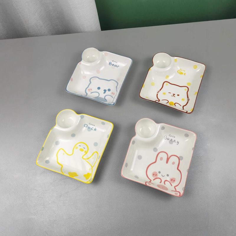 Internet Red Creative Cartoon Ceramic Plate Household Dumpling Plate with Vinegar Split Plate Children's Dumpling Plate Underglaze Color Ceramic Plate