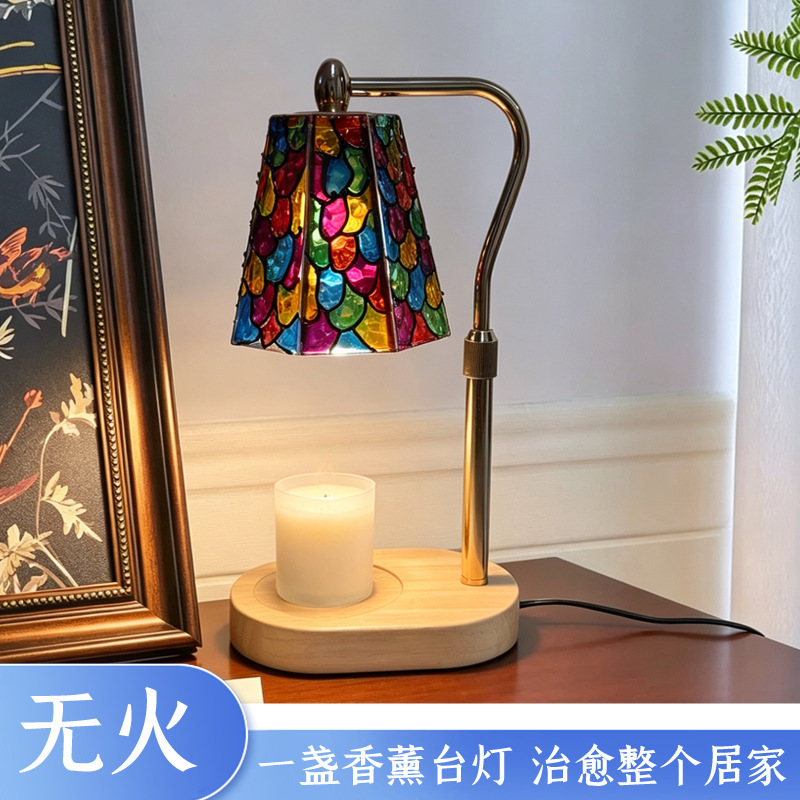 New Handmade Colorful Tiffany Glass Lampshade Flameless Wax Melting Lamp with Dimming Timer Essential Oil Lamp Bedroom Ambiance Light