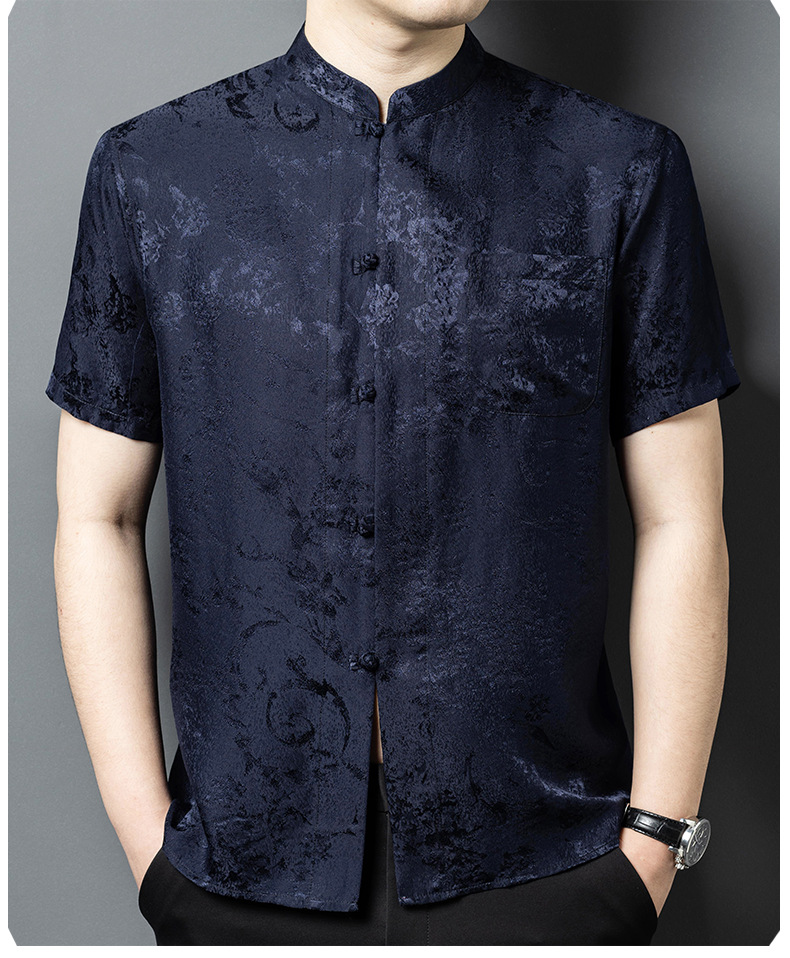 Áo sơ mi nam cổ đứng tay ngắn chất lụa tơ tằm jacquard phong cách Trung Hoa — Màu xám 25169 chi tiết 11