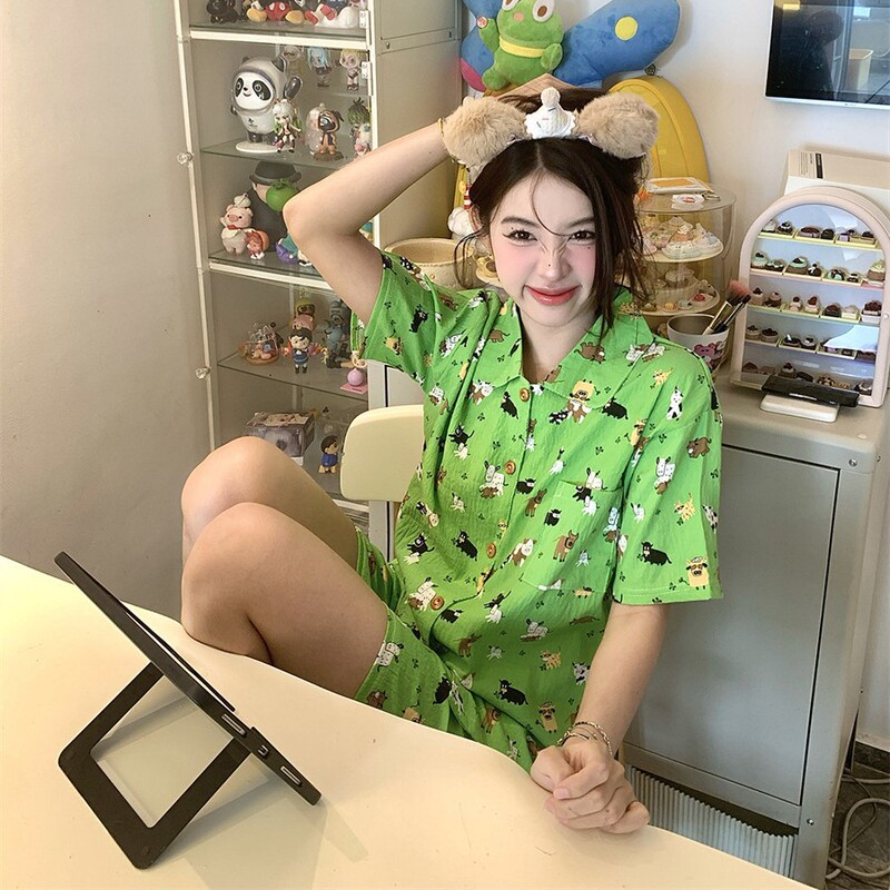 Korean Style Pajamas for Women, Summer Cloud Cotton Cartoon Animal Short-Sleeved Shorts, Student Casual Wearable Home Clothes Set Korean Style Pajamas for Women, Summer Cloud Cotton Cartoon Animal Short-Sleeved Shorts, Student Casual Wearable Home Clothes Set