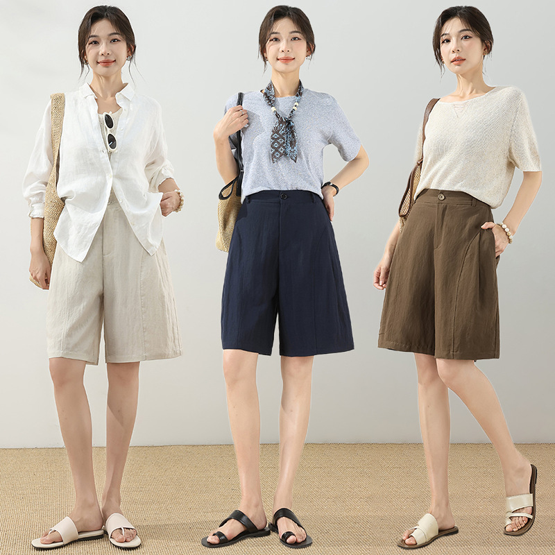 Old Money Style Tencel Linen Shorts for Women, New Summer Versatile Slimming High-Waisted Wide-Leg Casual Shorts