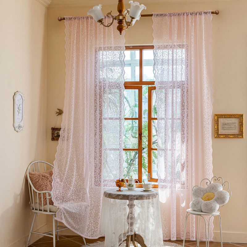 2026 Amazon Cross-Border E-Commerce New Floral Lace Wave Lace Rod-Mounted Ready-Made Sheer Curtains for Living Room and Balcony