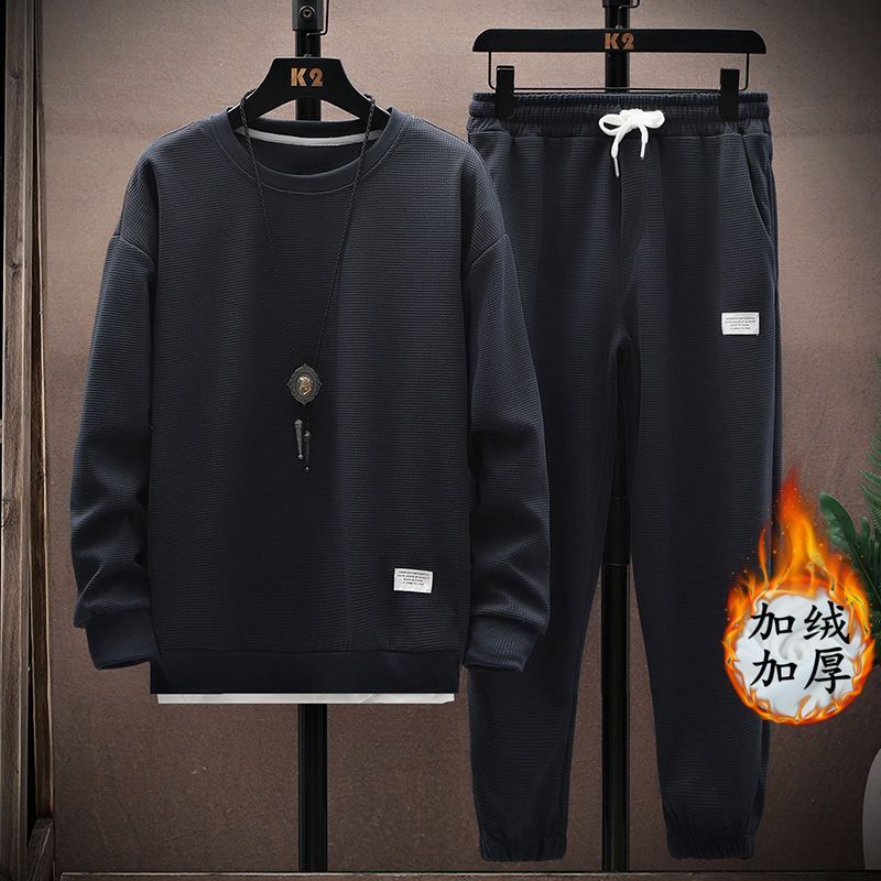 Cross-border fleece-lined and thickened waffle knit men's long-sleeved t-shirt, trendy plus size autumn and winter casual crew neck sweatshirt.