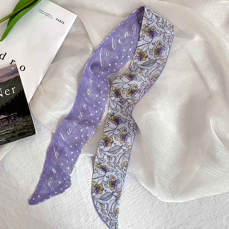 Pañuelo de seda pequeño largo francés de verano, cinturón de pelo floral pequeño, paquete de cabello trenzado, bufanda de cinta fina de gasa