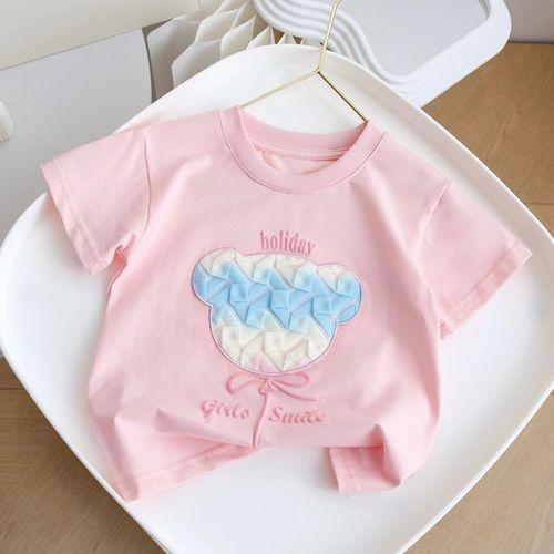 Children's Cartoon Pure Cotton Short Sleeve 2024 Summer New 3D Teddy Bear Girl Cute Sweet T-Shirt Wholesale