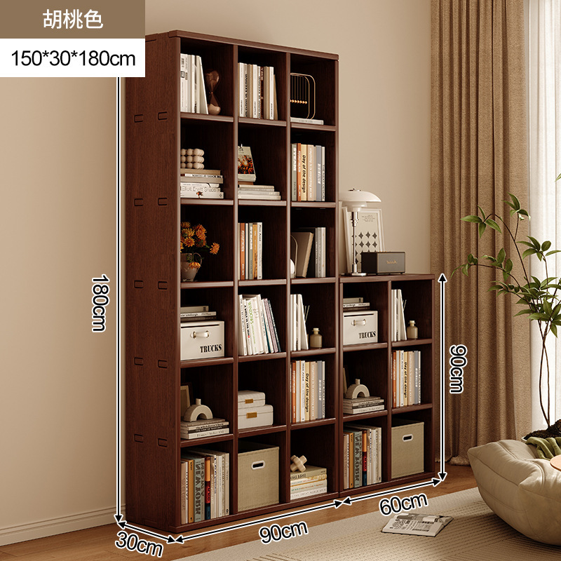 Estantería de madera maciza, estantería de pared completa, todo en la parte superior, sala de estar, color nogal, pared completa, vitrina para el hogar