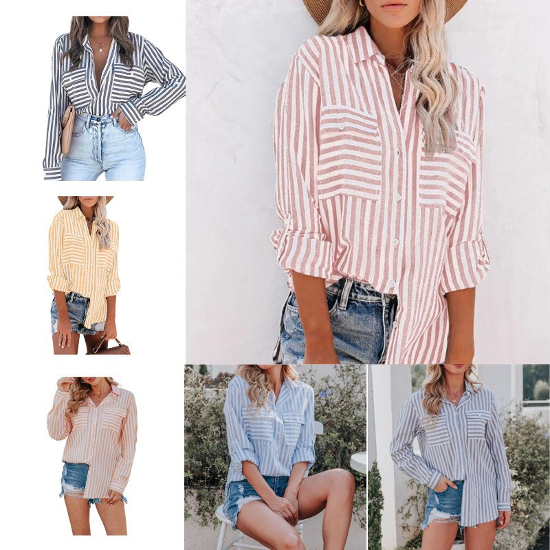 Fashion Stripe Shirt Collar Long Sleeve Regular Sleeve Printing Pocket Blouse