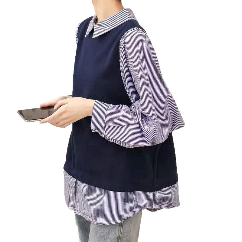 假两件针织拼接条纹衬衫女长袖新品春秋衬衣套头休闲宽松上衣女装|undefined