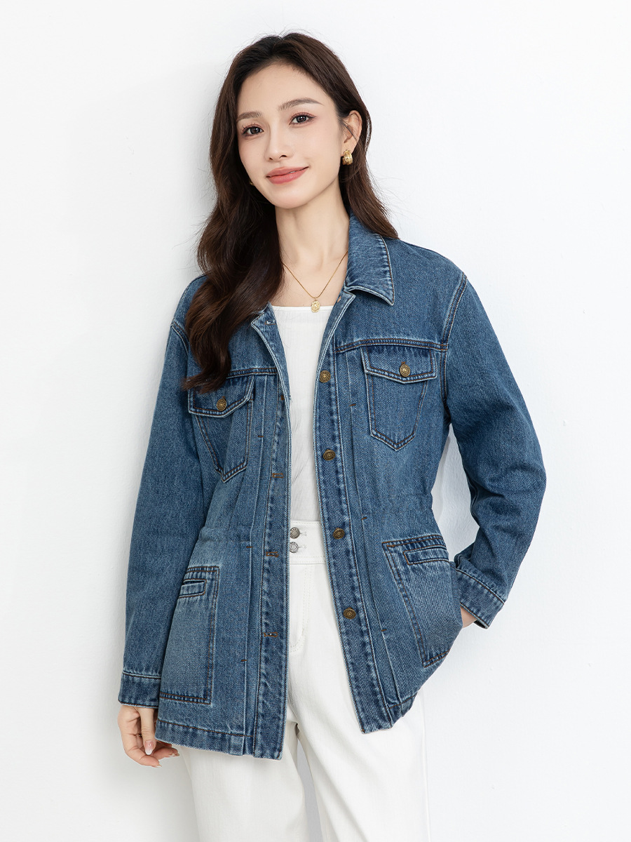 Áo khoác denim dáng dài phong cách workwear Mỹ cổ điển, form rộng thoải mái — xanh lam