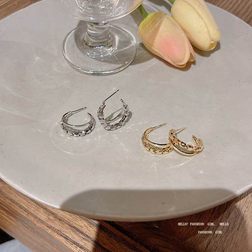 925银针轻奢小众C形圆圈耳环女高级设计感碎银几两耳钉耳圈耳饰品