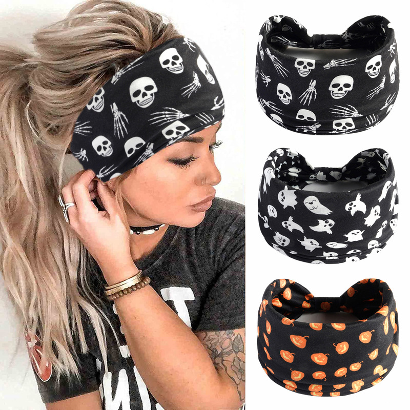 European and American Halloween Christmas Hair Band Wide Yoga Sports Hair Band Pumpkin Skull Ghost Holiday Headband Women