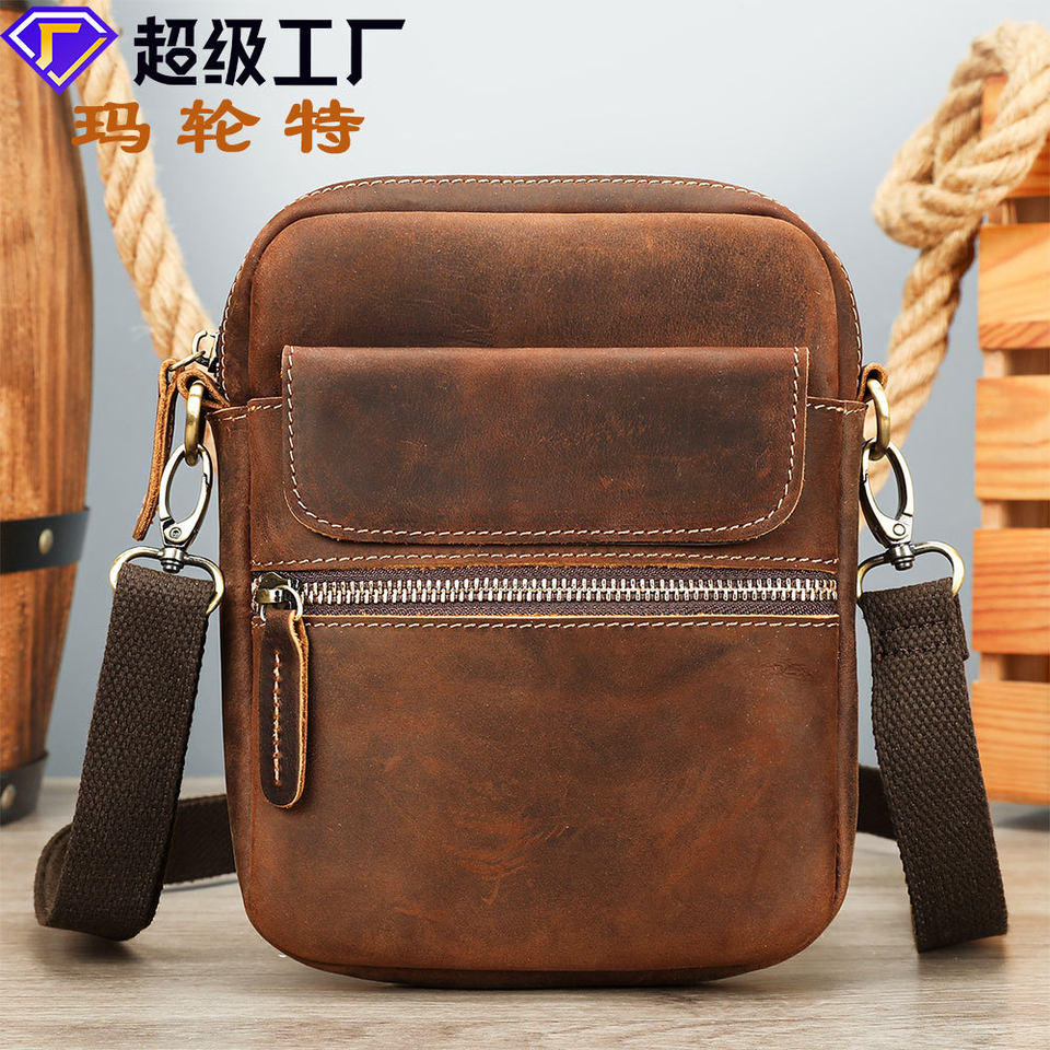 Túi đeo chéo nam da bò thật phong cách retro, túi đựng điện thoại tiện lợi — Mẫu vải thiều đen 7350, 7350 đen trơn, 7350 da dầu màu nâu, 7350 Da Ngựa Điên Nâu