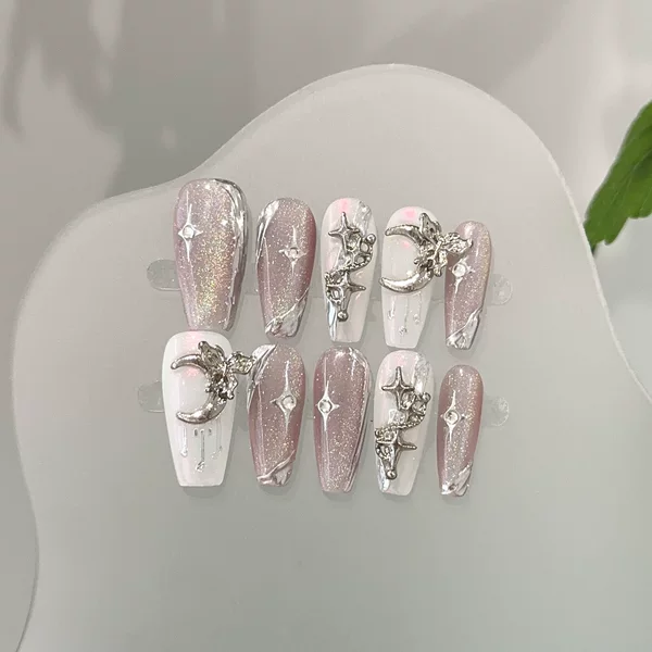 Handmade Wearable Nails, High-end Purple Rainbow Cat-eye Manicure, White Star and Moon Elegant, Whitening Fake Nails