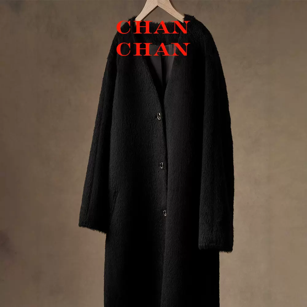 CHANCHAN镇店招牌秘鲁进口羊驼苏力长毛水貂黑皮草感经典大衣外套