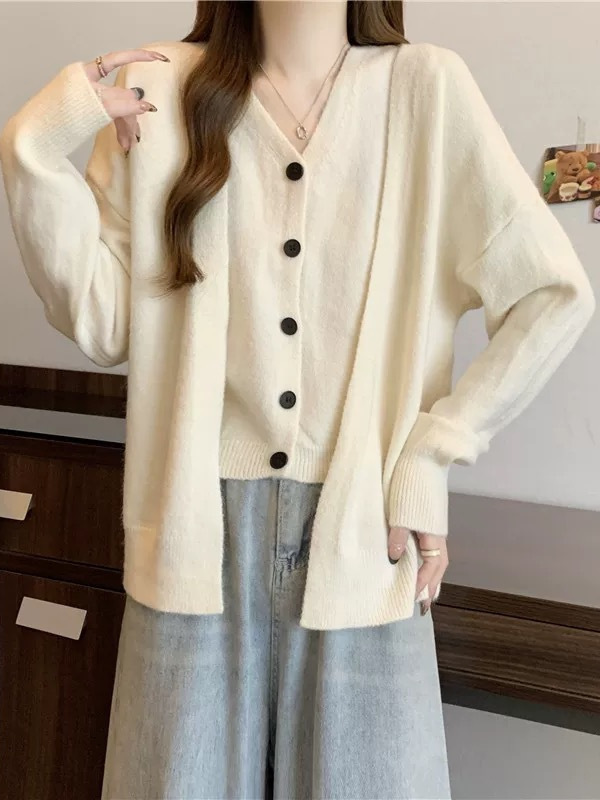 2025秋冬新款V领马甲毛衣开衫两件套女宽松休闲气质显瘦针织套装|undefined