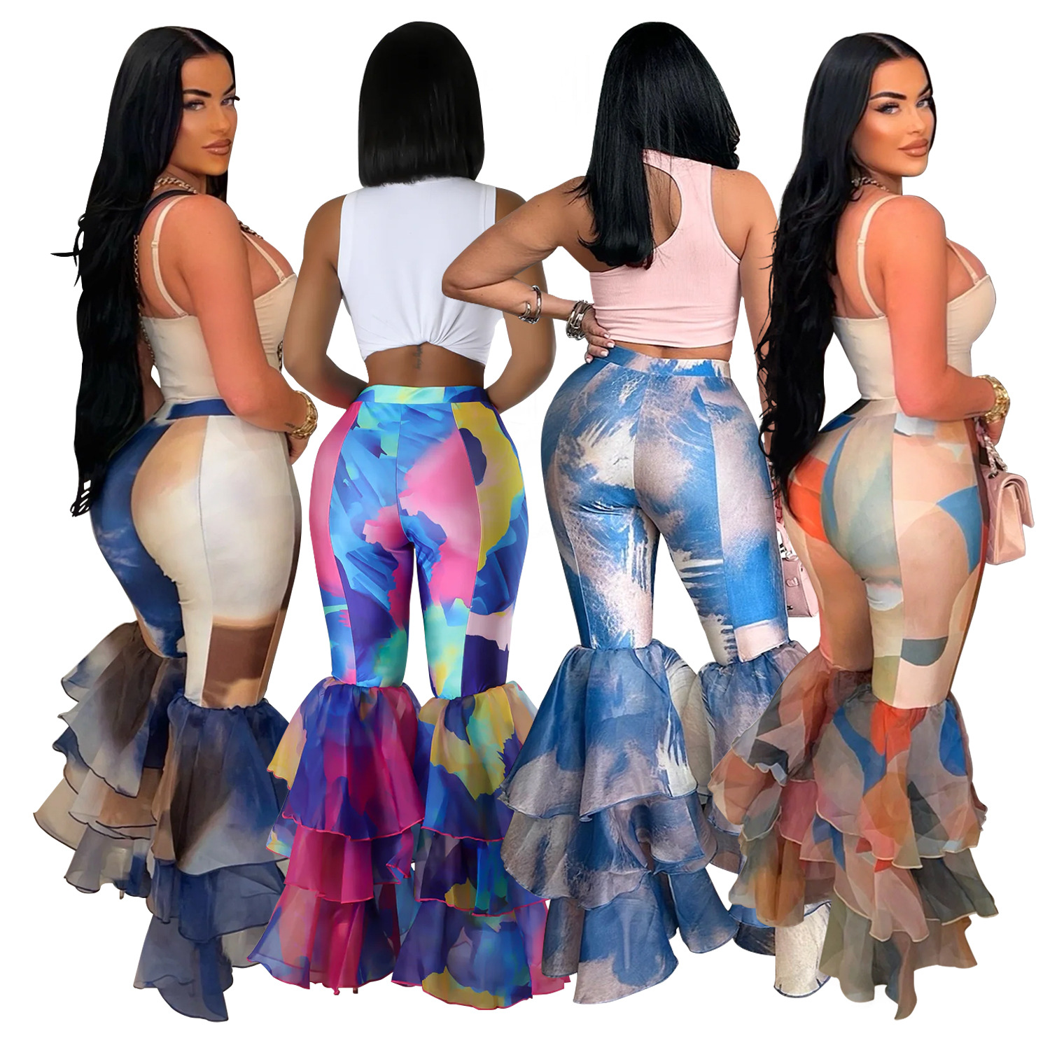 C6971 Cross-border AliExpress Amazon Independent Station Pantalones acampanados con estampado de mujer de moda europea y americana Pantalones de mujer con volantes image 6