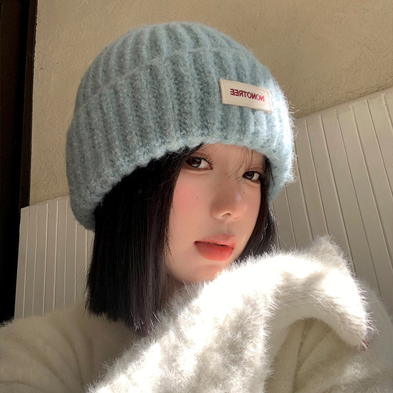 蓝色针织毛线帽女2025秋冬季大头围百搭帽子显脸小保暖护耳包头帽|undefined