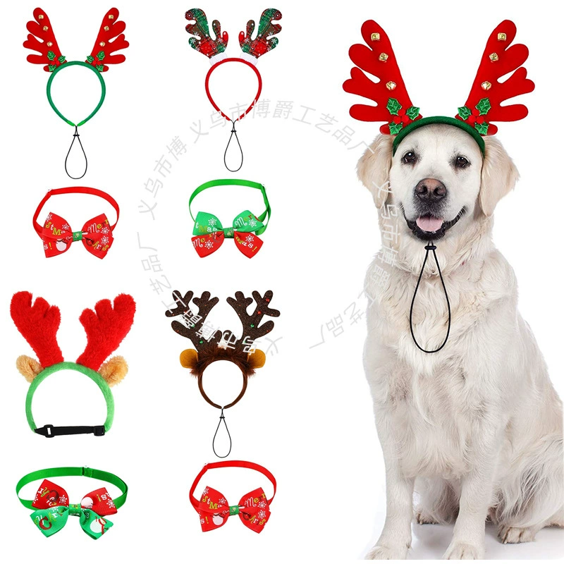 Рождественский головной убор для домашних животных, украшение с галстуком-бабочкой, повязка на голову с рогами, рождественское платье для собаки, кошки, Рождество для домашних животных