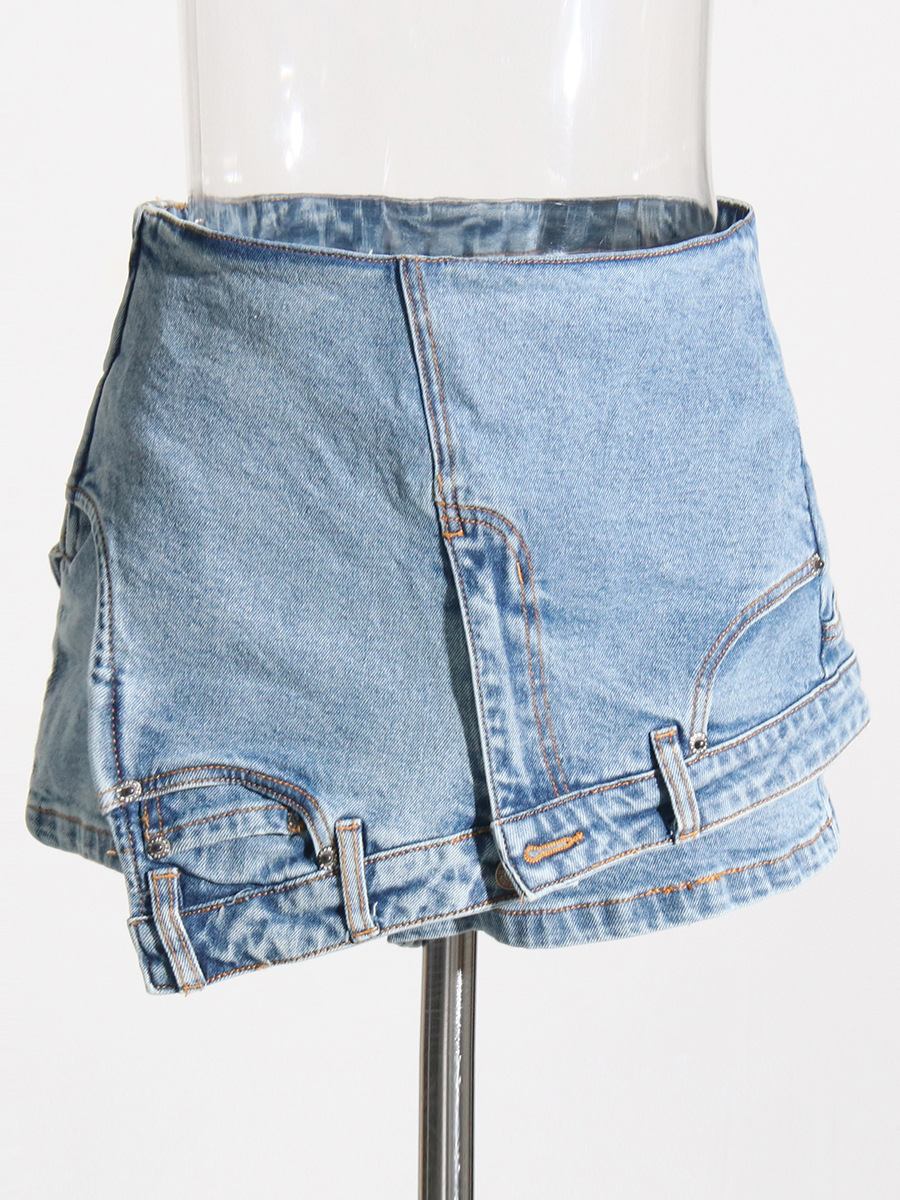 Short en jean taille haute délavé pour femme, extensible, patchwork, ourlet brut, style streetwear_voghion.com