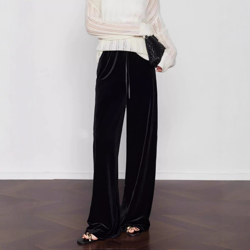 【Sparkling Velvet】Velvet Wide-Leg Pants in Brown with Adjustable Drawstring and Fleece Lining, Casual Pants with a Slim Straight-Leg Fit