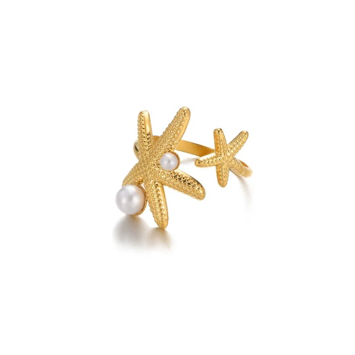 Adjustable Marine Shell Ring, Gold-Plated Beach Accessory, One Size (0.005 kg)