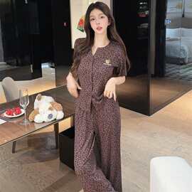 睡衣女夏季豹纹莫代尔开衫舒适可外穿短袖长裤套装加胸棉家居服