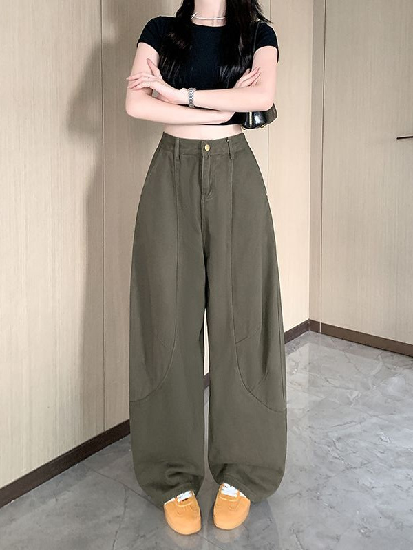 女性用のレトロなアーミーグリーンのスナイパーパンツのリアルショット、春と秋の新しいスタイルのリラックスしたシルエットのルーズデニムオーバーオールロングパンツ|undefined