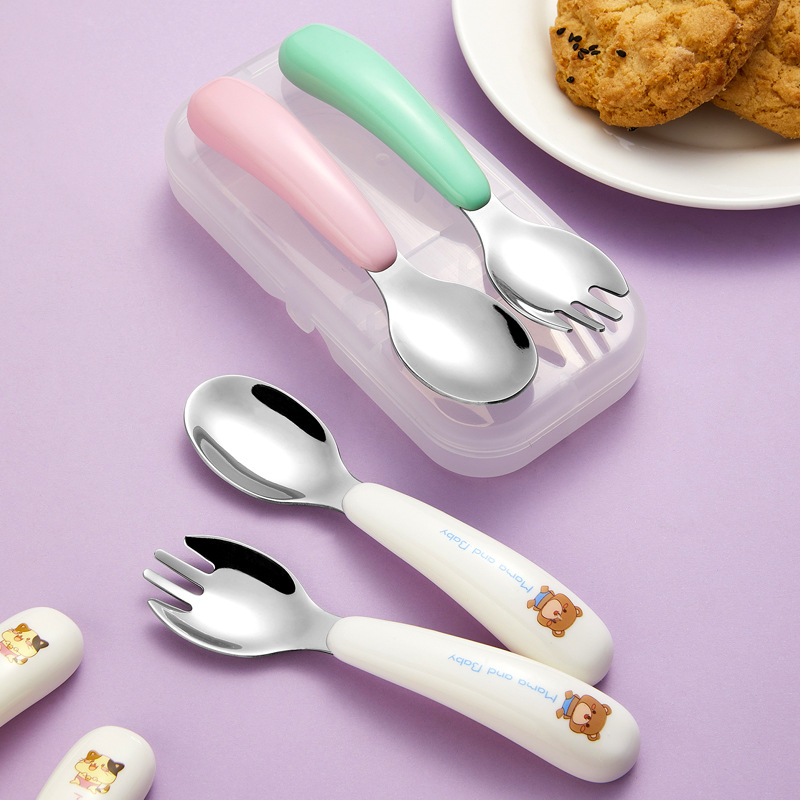 304 Stainless Steel Kidsren's Tableware Set Fork Spoon Baby Food Supplement Tool Mother and Baby Cartoon Fork and Spoon Set
